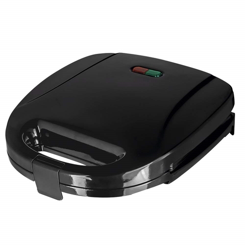 Black non-stick sandwich toaster with a sleek design, featuring a power indicator light and a convenient handle for easy operation.