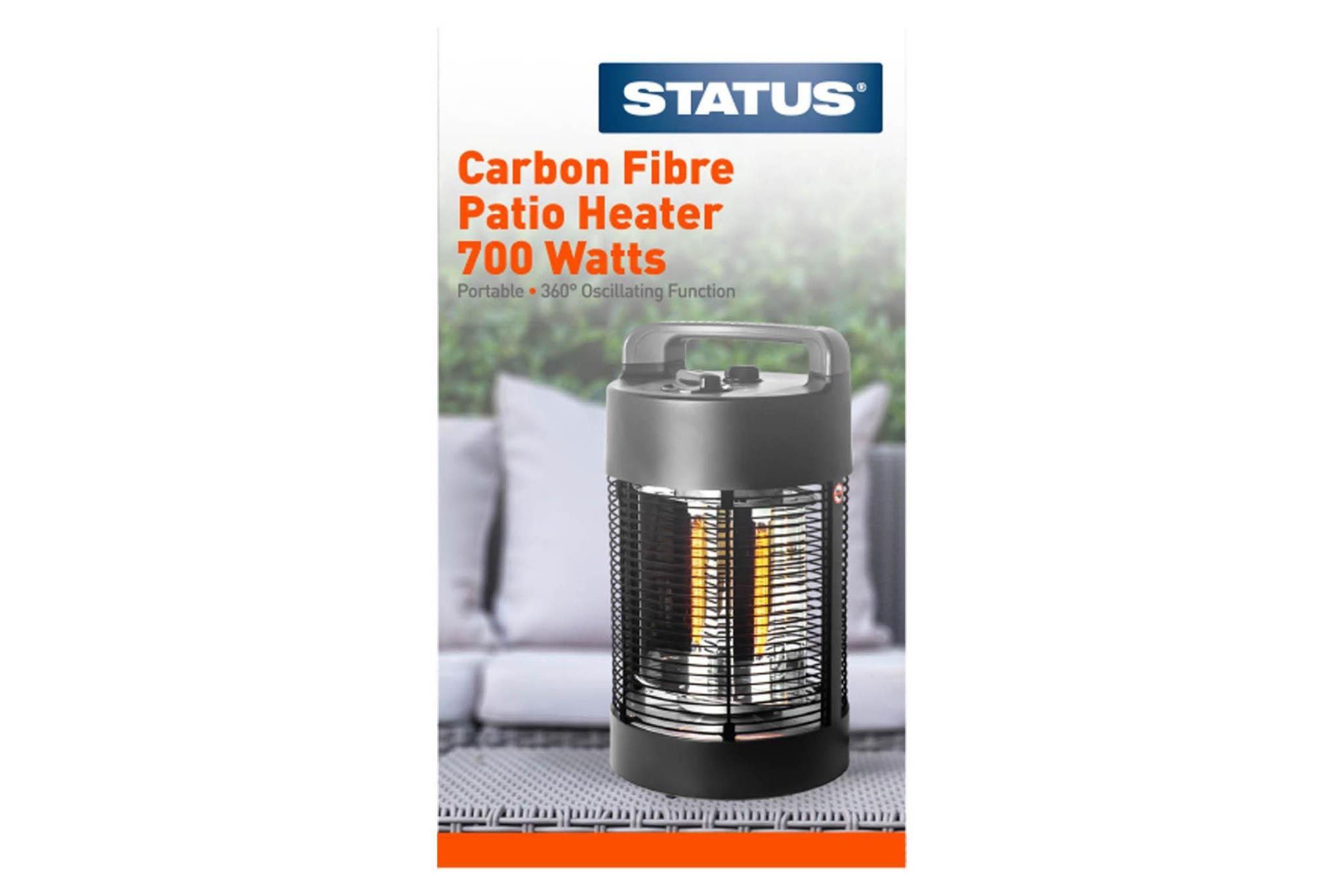 STATUS 700W Carbon Fibre Element Patio Heater features a sleek black design with a cylindrical shape, grid-like exterior, and a warm glowing element, ideal for outdoor heating.