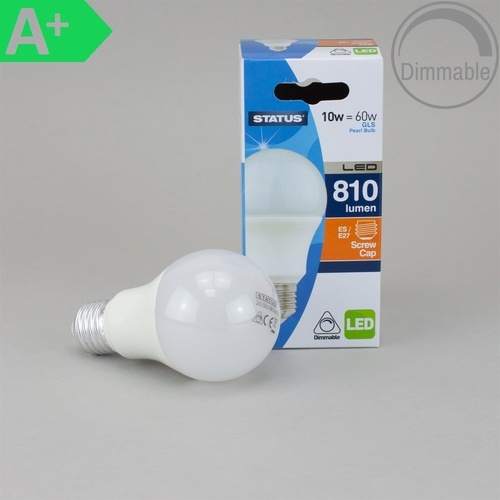 Dimmable 10W LED pearl GLS lamp with a screw cap, featuring a white bulb and a blue and orange packaging labeled with brightness and energy efficiency details.