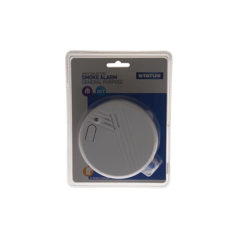 White Status 9v smoke alarm in a clear plastic packaging, featuring a photoelectric sensor, a test button, and labeled for general purpose and DIY use.