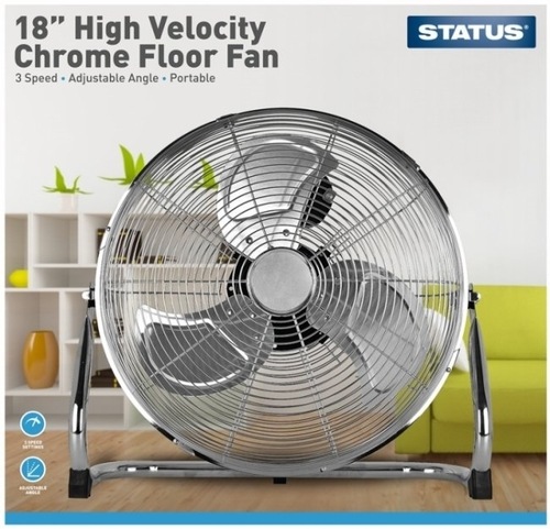 18-inch chrome floor fan with three-speed settings, adjustable angle, and a sturdy metal frame, designed for portability and high-velocity airflow.