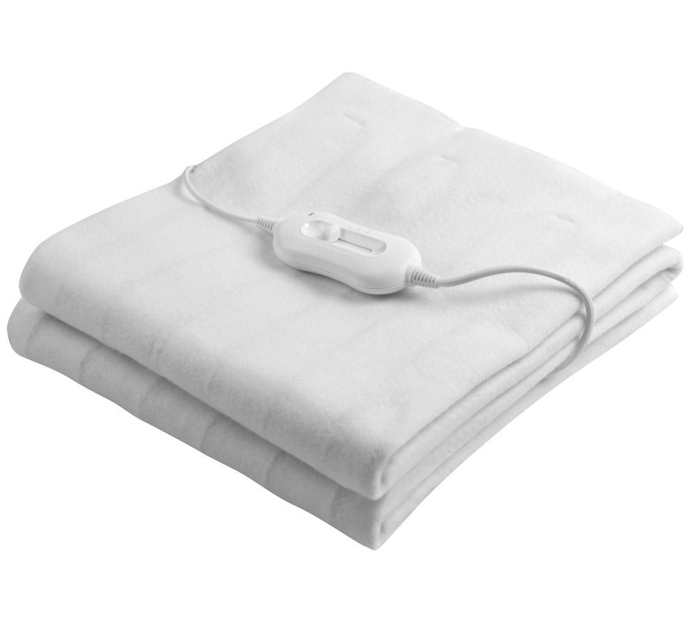 White double electric under blanket with three heat settings, featuring a simple control switch and soft, plush material for warmth and comfort.