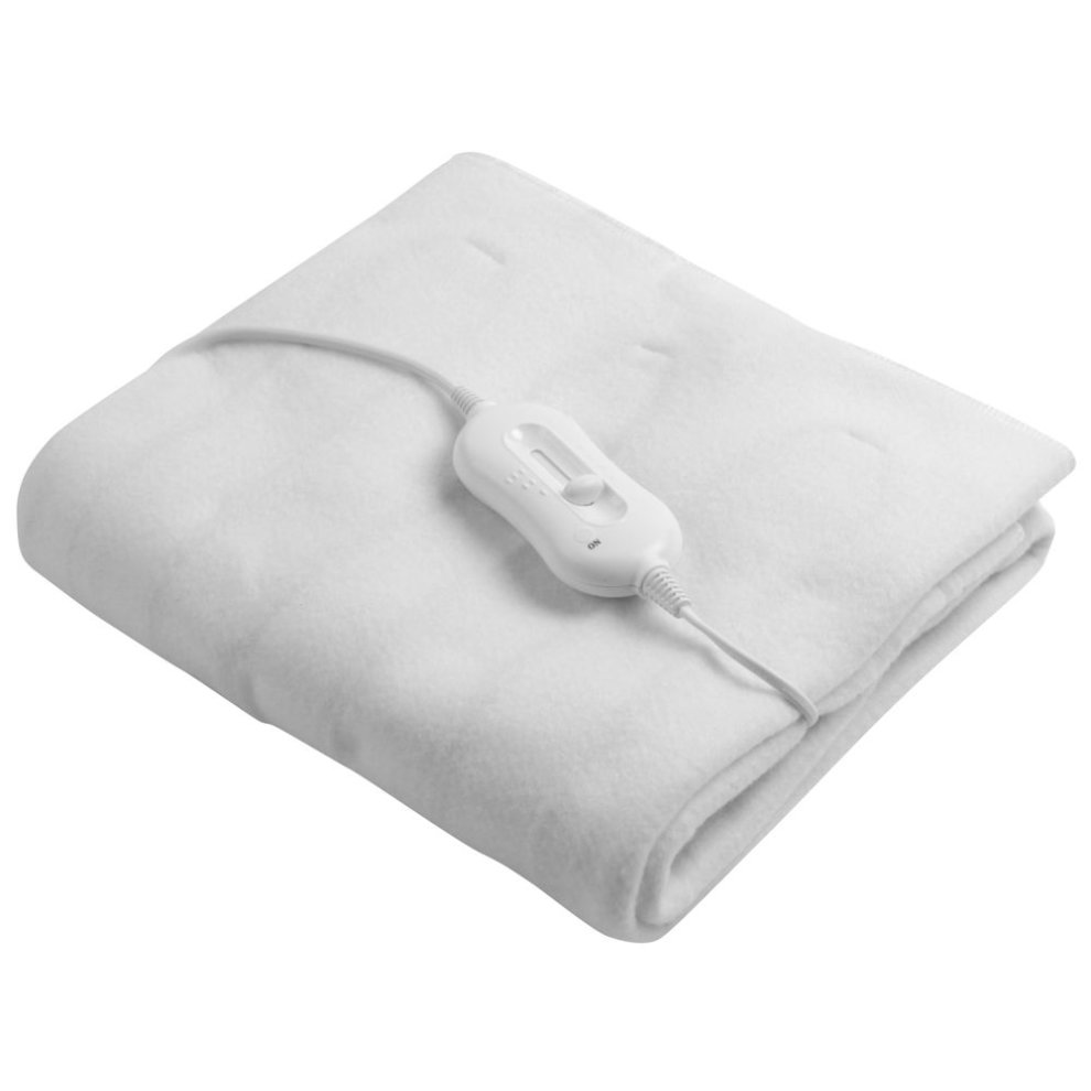 White electric under blanket made of soft fleece, featuring a control unit with adjustable settings for warmth, neatly folded and ready for use.