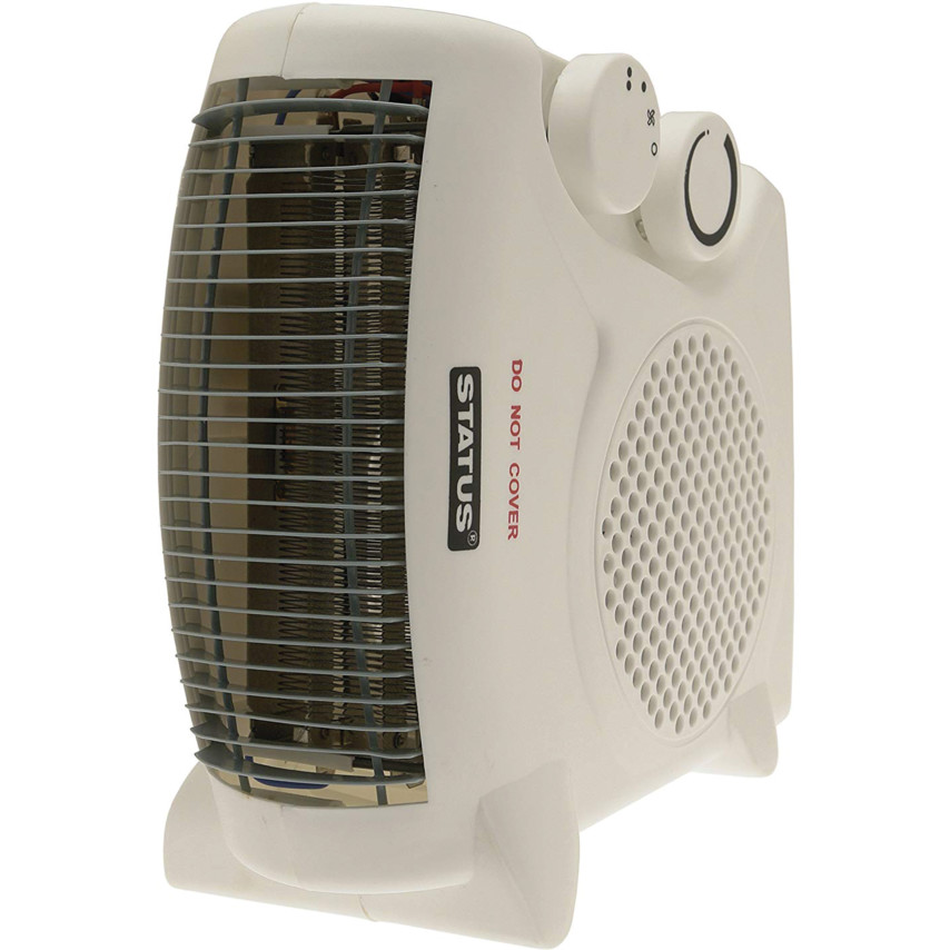 White portable dual position fan heater with a grid front, control knobs on the side, and a compact design, labeled "STATUS" and "DO NOT COVER."