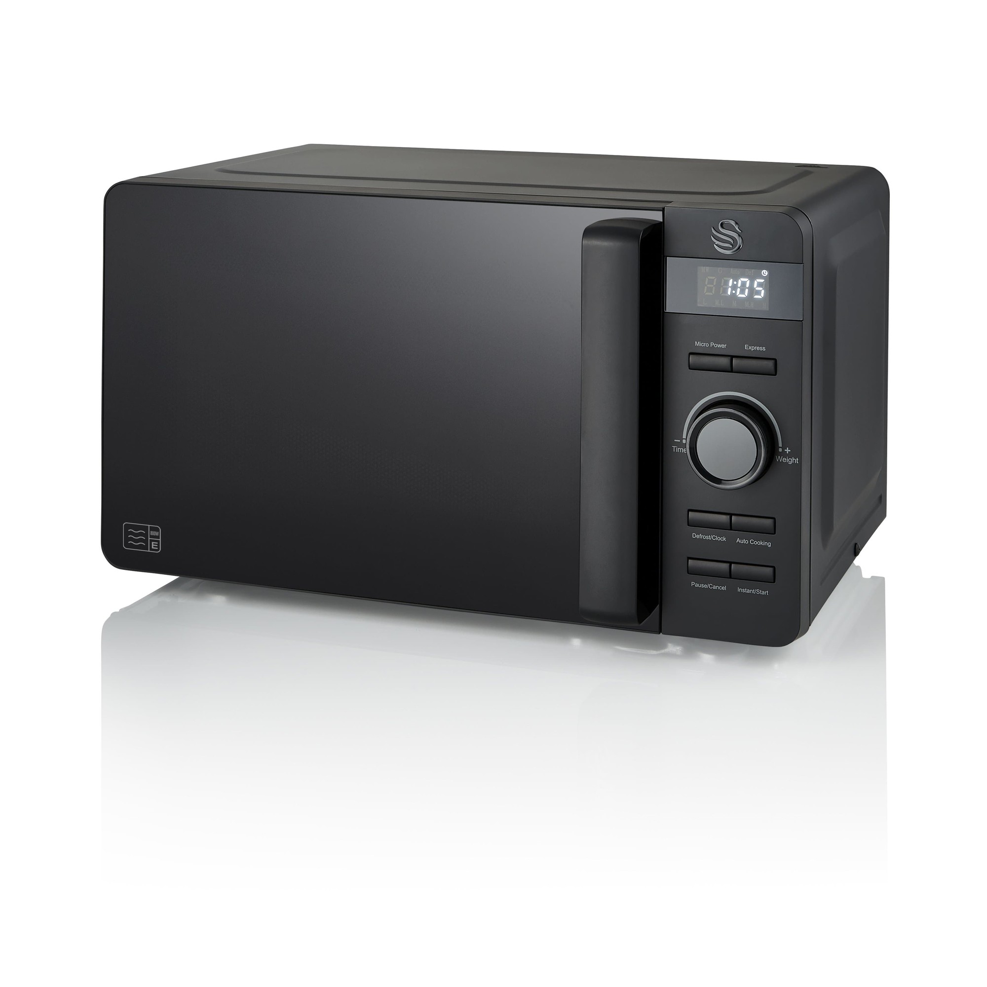 Black 20L microwave with a sleek design, featuring a digital display, control dial, and multiple function buttons, made from durable material for modern kitchens.