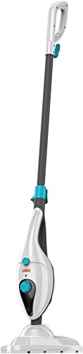 Vax S85-CM Steam Clean Multi in white and blue features a sleek design with a long handle, control buttons, and a triangular cleaning head for efficient steam cleaning.