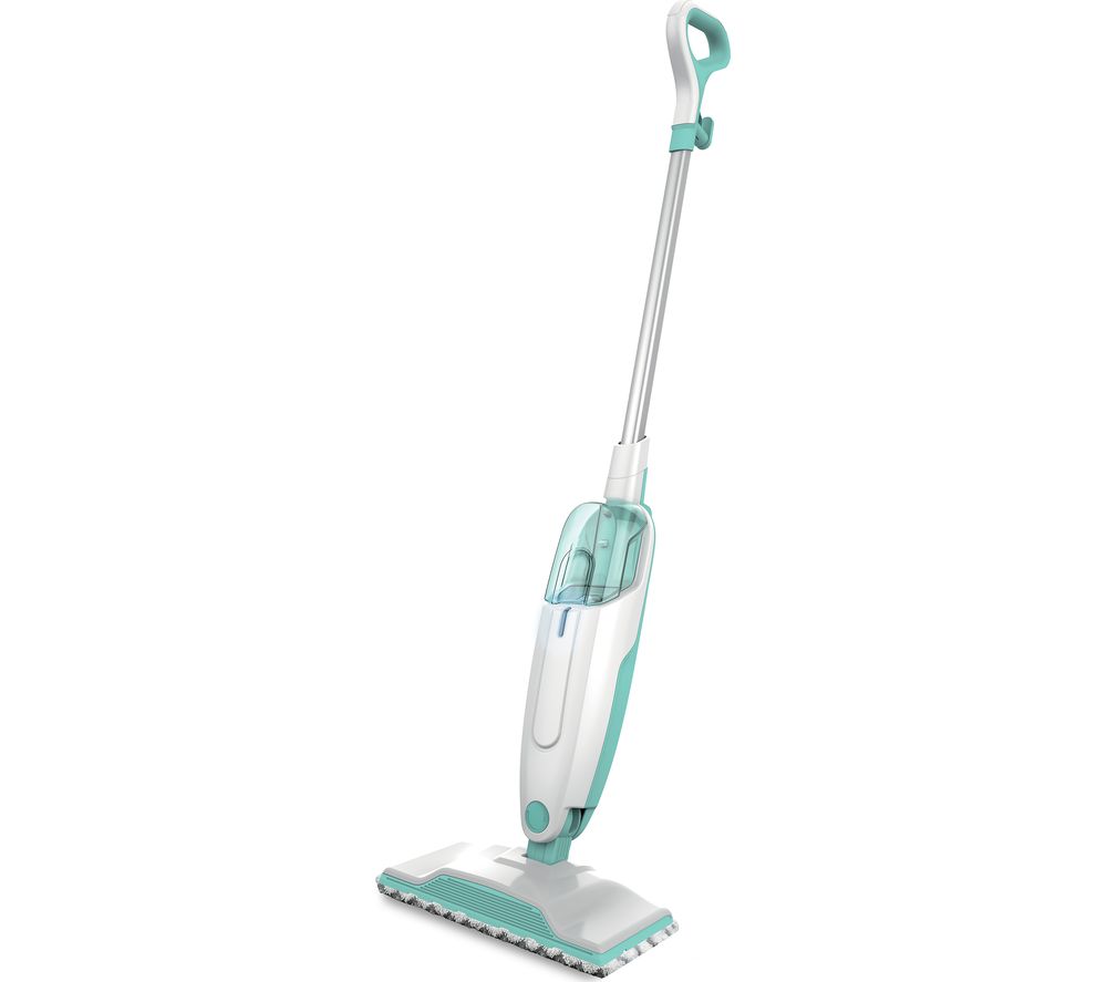 Classic steam mop in white and mint green, featuring a slim design, a transparent water tank, and a rectangular cleaning head with a textured cleaning pad.