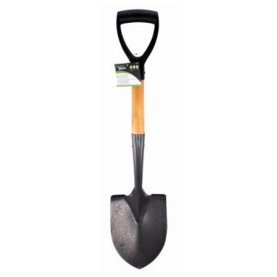 Steel round head micro shovel with a black and wooden handle, featuring a sturdy design and a comfortable grip, ideal for gardening and small digging tasks.