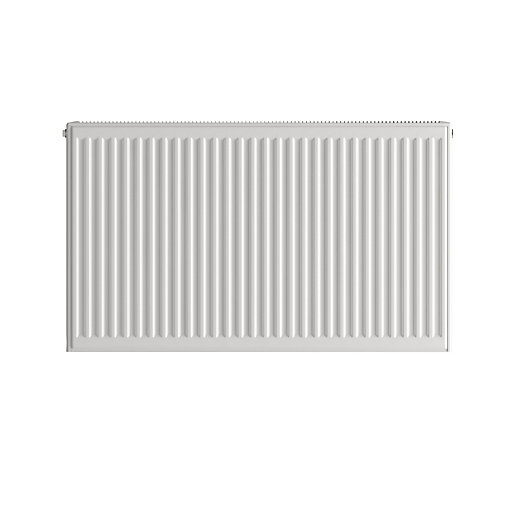 White Stelrad Softline Compact K2 double panel radiator with a ribbed design, measuring 450mm x 400mm, featuring a sleek, modern aesthetic suitable for various interiors.