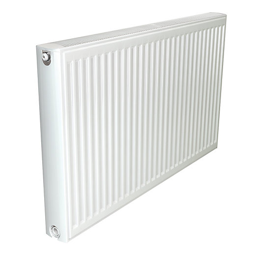 White Stelrad Softline Compact K1 single panel radiator, measuring 300mm x 500mm, featuring a sleek, ribbed design and rounded edges for a modern aesthetic.