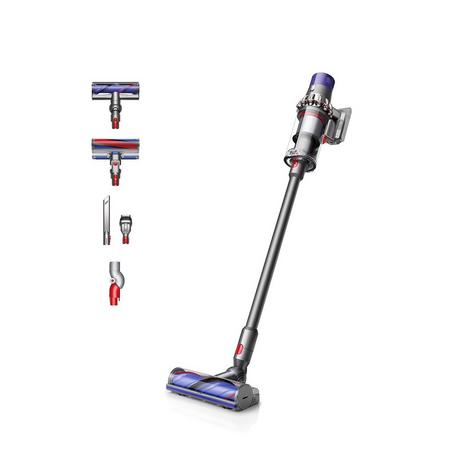 Dyson stick vacuum cleaner in nickel and black, featuring a sleek design, detachable components, and a purple brush head, with a 60-minute run time for efficient cleaning.