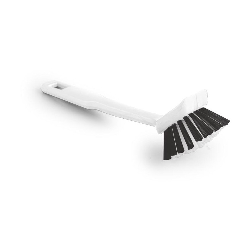 Plastic pot brush with a white handle and black bristles, designed for cleaning pots, featuring a curved shape for effective scrubbing.