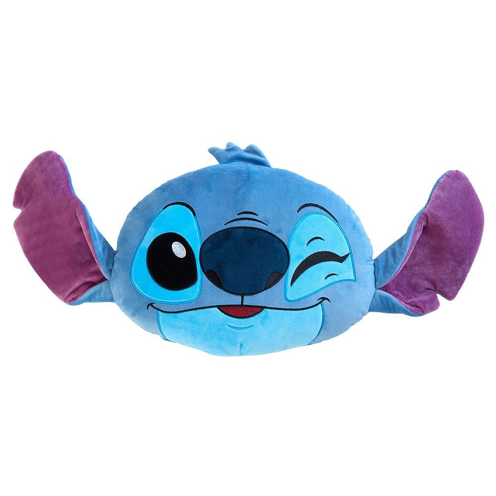 Blue plush cushion shaped like Stitch from Lilo & Stitch, featuring large eyes, a winking expression, and purple ears, made from soft, velvety material.