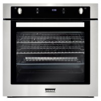 Stainless steel built-in oven with a black glass front, featuring a digital display, control knobs, and two wire racks inside for cooking.