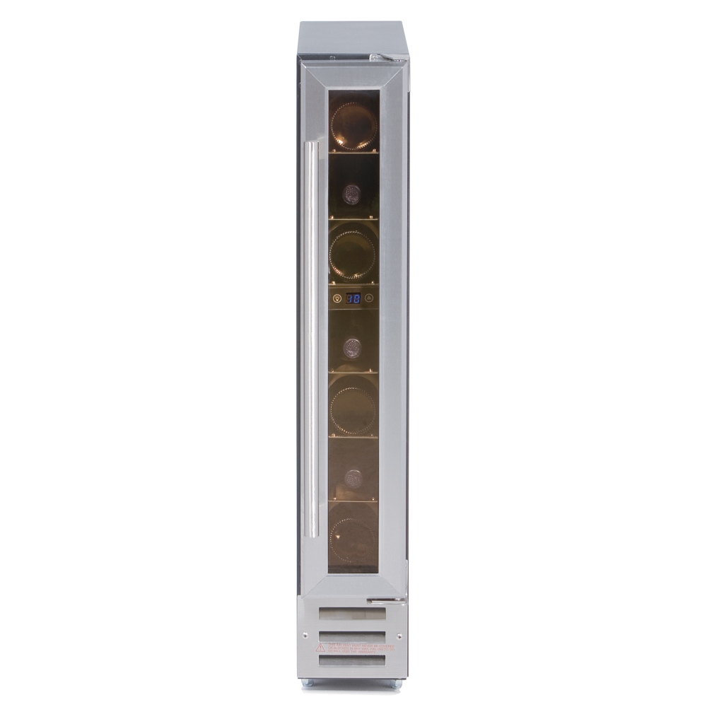 Stainless steel integrated wine cooler with a sleek design, featuring a glass door, interior lighting, and capacity for 7 bottles, measuring 15cm wide.