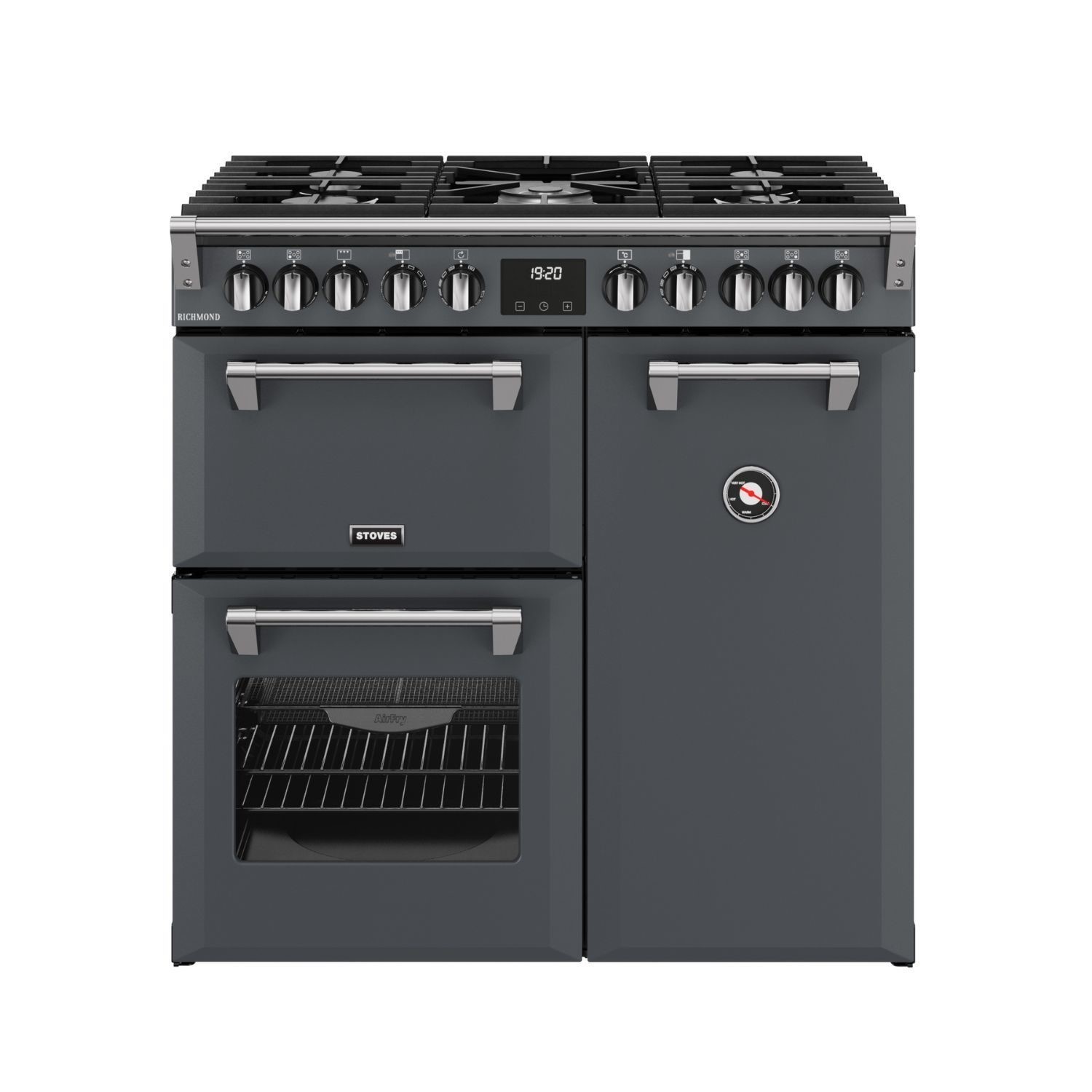 Dual fuel range cooker in anthracite with chrome accents, featuring five gas burners, a digital display, and a spacious oven with a glass door and metal handle.