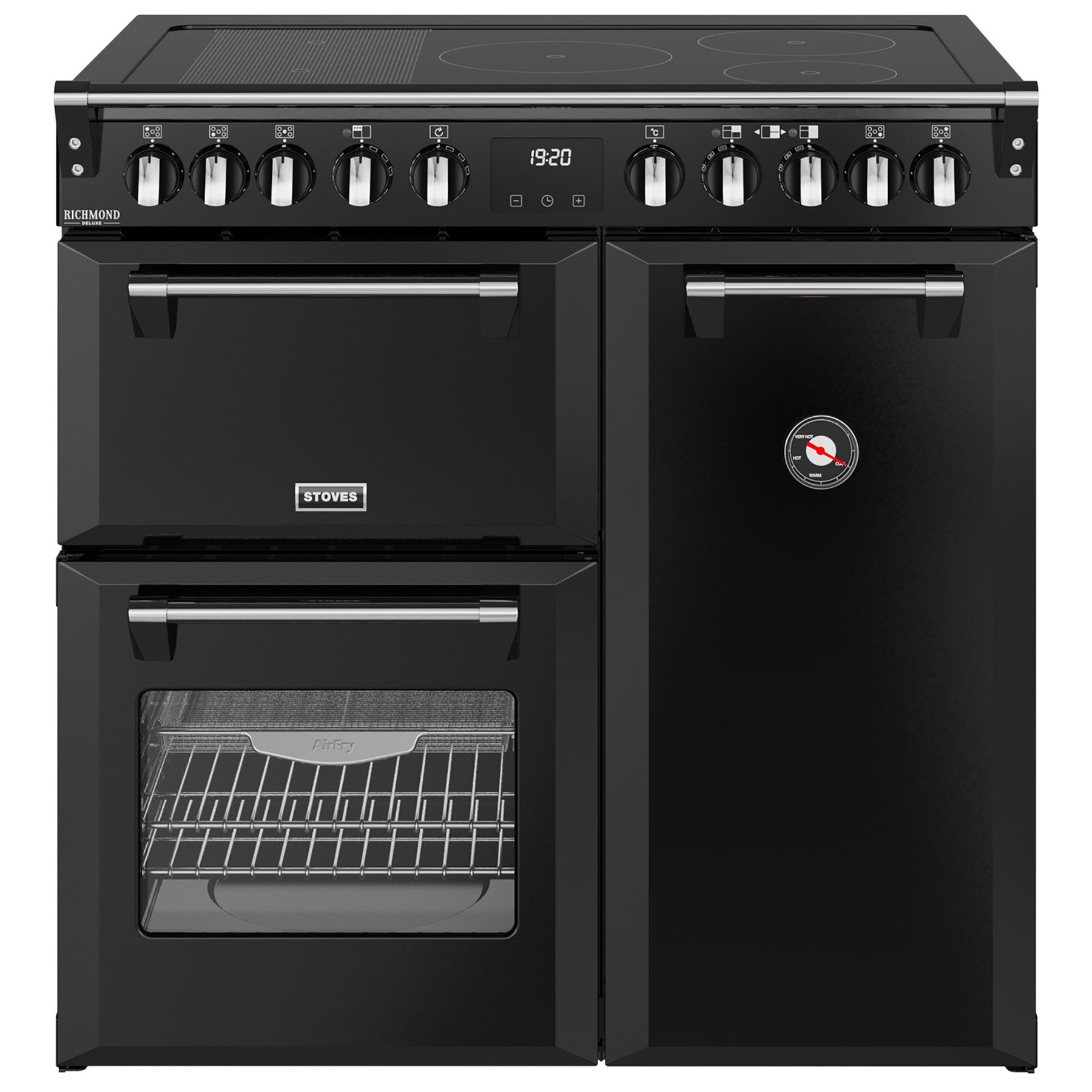 90cm wide black induction range cooker featuring multiple control knobs, two ovens with glass doors, and a sleek design, ideal for modern kitchens.