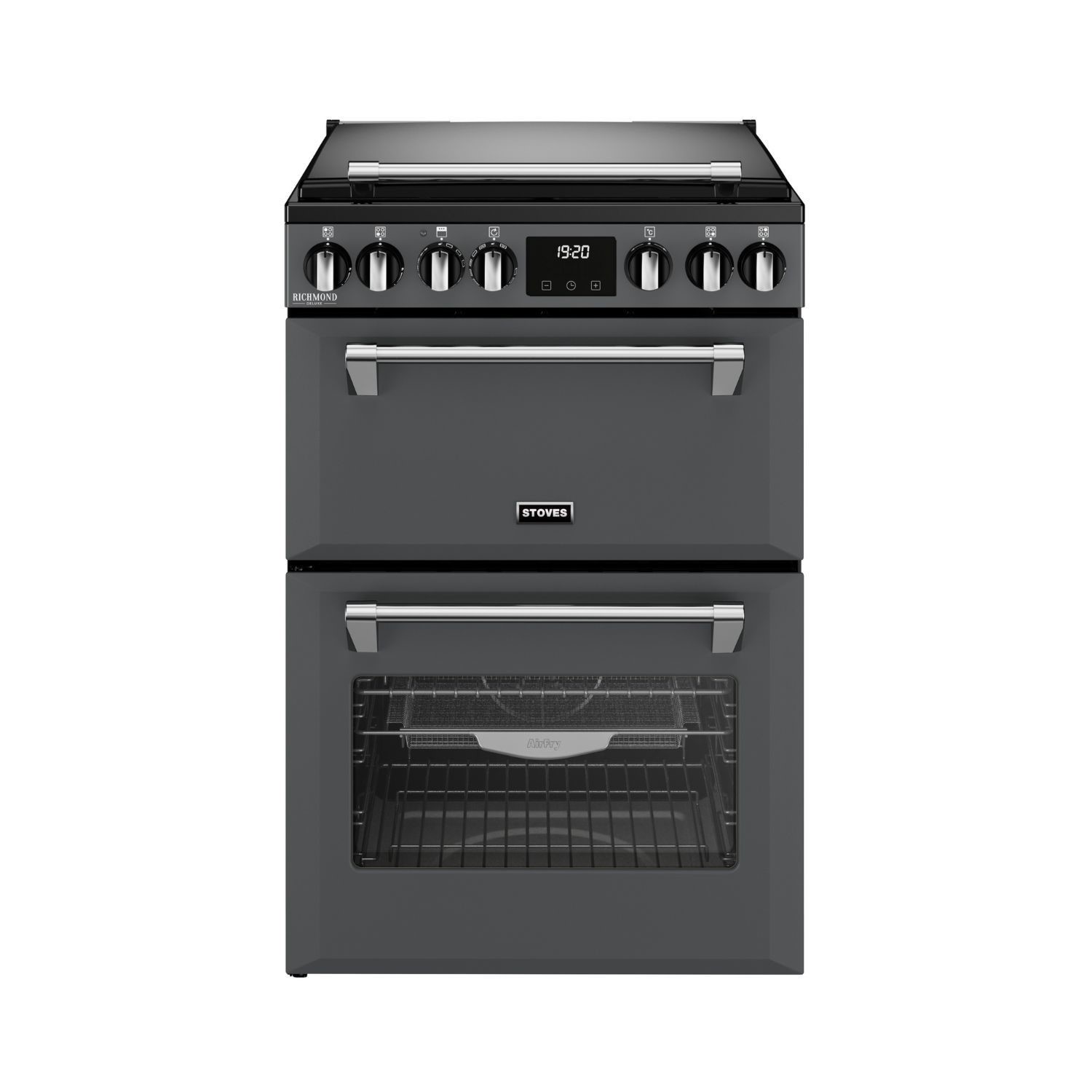 Anthracite dual fuel cooker with a sleek design, featuring a black glass top, stainless steel knobs, and a large oven with a glass door and interior rack.