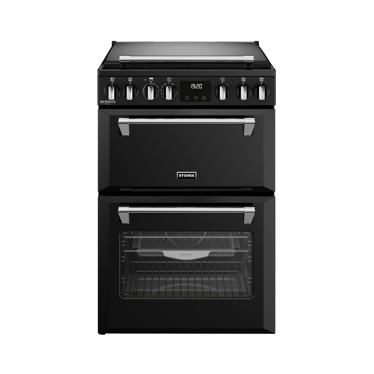 Black dual fuel cooker with a sleek design, featuring five gas burners, a digital display, and two ovens with glass doors, all by Stoves.