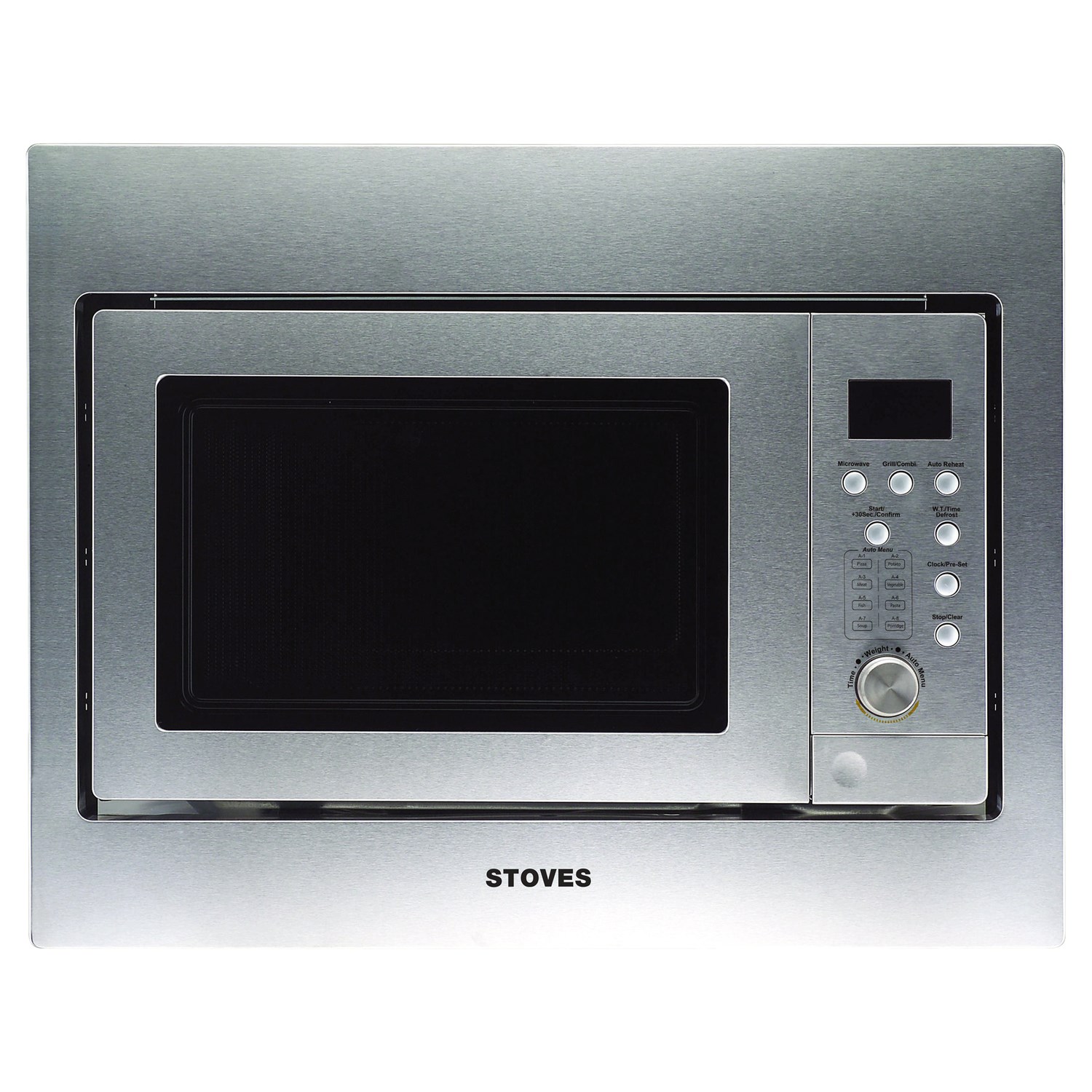 Stainless steel built-in microwave by Stoves, featuring a black glass door, control panel with buttons and a dial, and a grill function, designed for a sleek kitchen look.