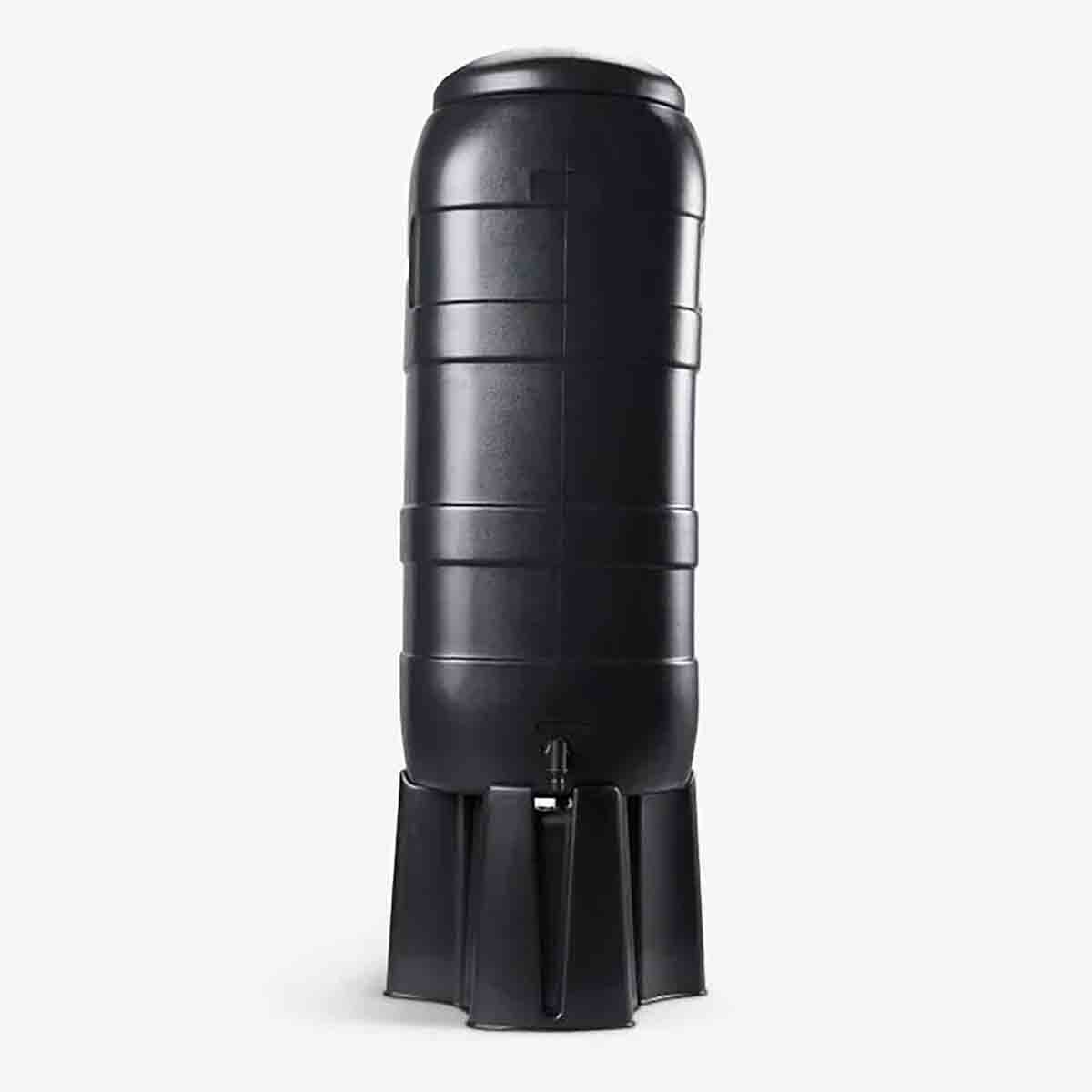 Black 100L rainwater collection tank with a multi-piece stand and diverter, made of durable plastic, featuring a smooth cylindrical design and a spout at the bottom.