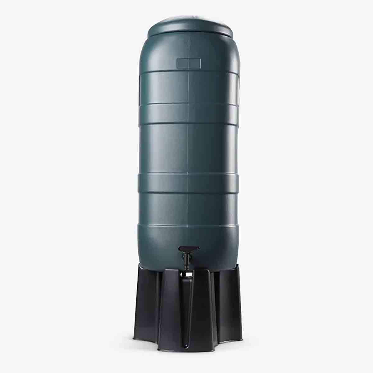 Medium green water butt barrel with a smooth plastic finish, featuring a tap at the bottom and a sturdy black base for stability.