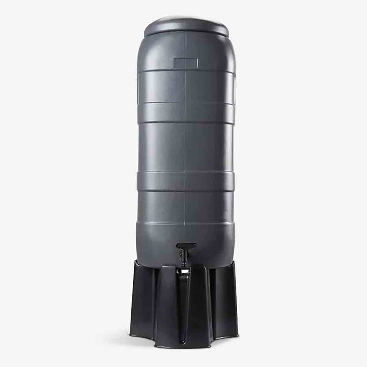 Straight 100L grey rainwater tank with a multi-piece stand and diverter, featuring a smooth cylindrical design and a tap at the bottom for easy water access.