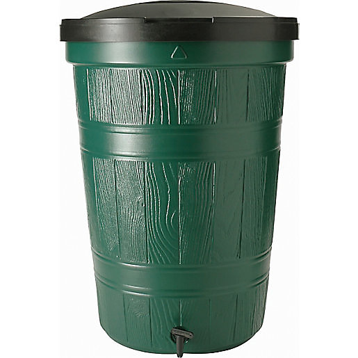 Green plastic water butt with a textured wood grain finish, featuring a black lid and a spout at the bottom for easy water access, designed for garden use.