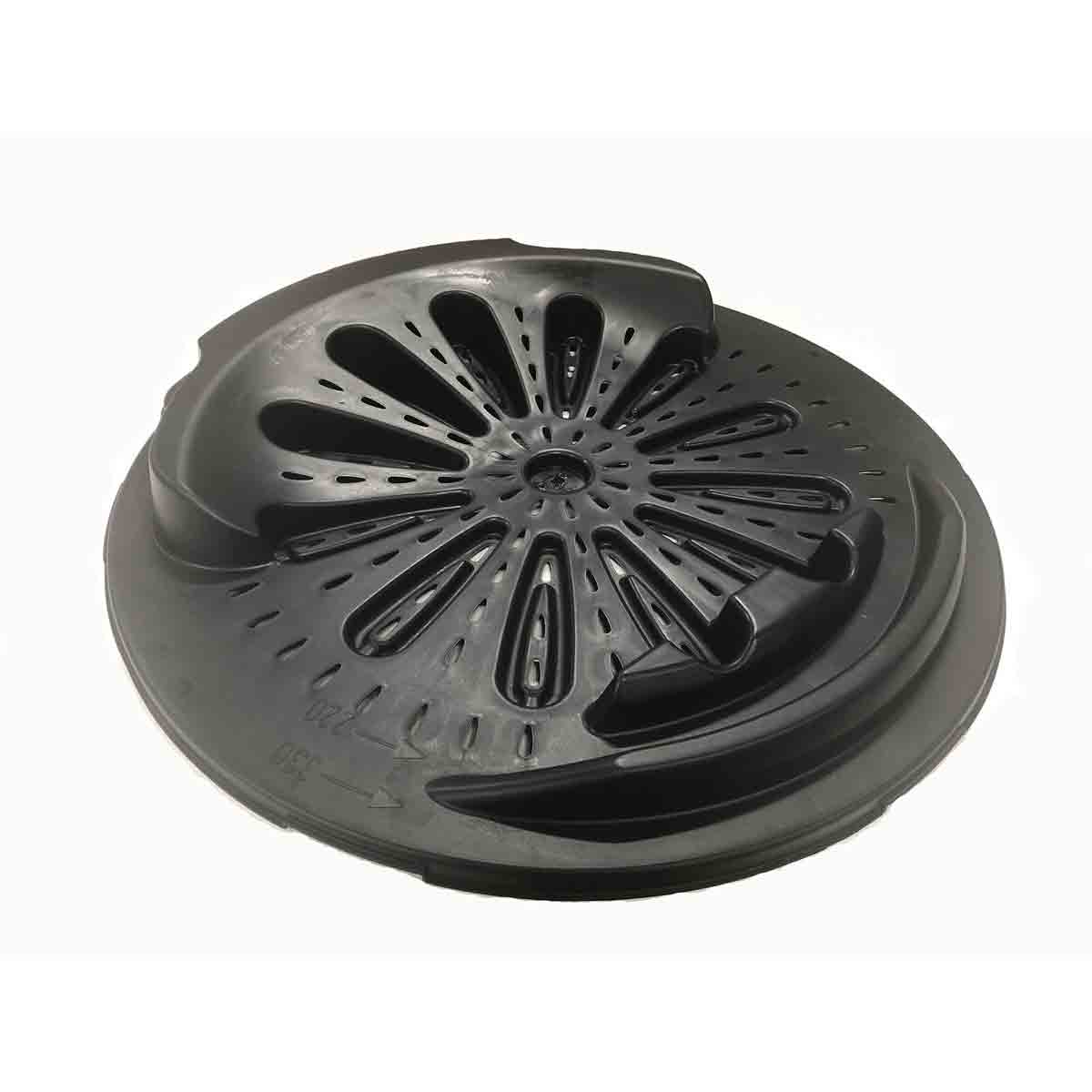 Black plastic base plate with a circular design, featuring multiple ventilation holes and raised edges, designed for 220L and 330L compost converters by Straight PLC.