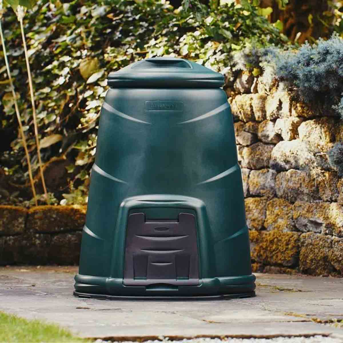 Straight 220L green compost converter made of durable plastic, featuring a black base plate and a lid, designed for efficient composting in gardens.