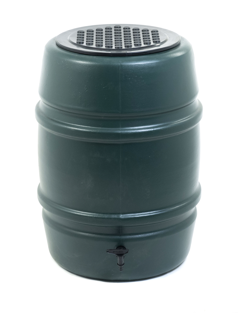 Green plastic 227L water butt barrel with a textured lid featuring a mesh design, a spigot at the bottom, and a smooth cylindrical body.