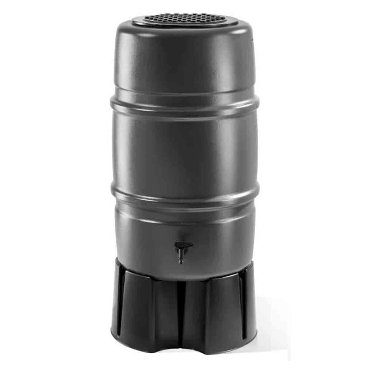 Medium grey plastic water butt barrel with a textured lid, a tap at the bottom, and a sturdy black base, designed for efficient rainwater collection.