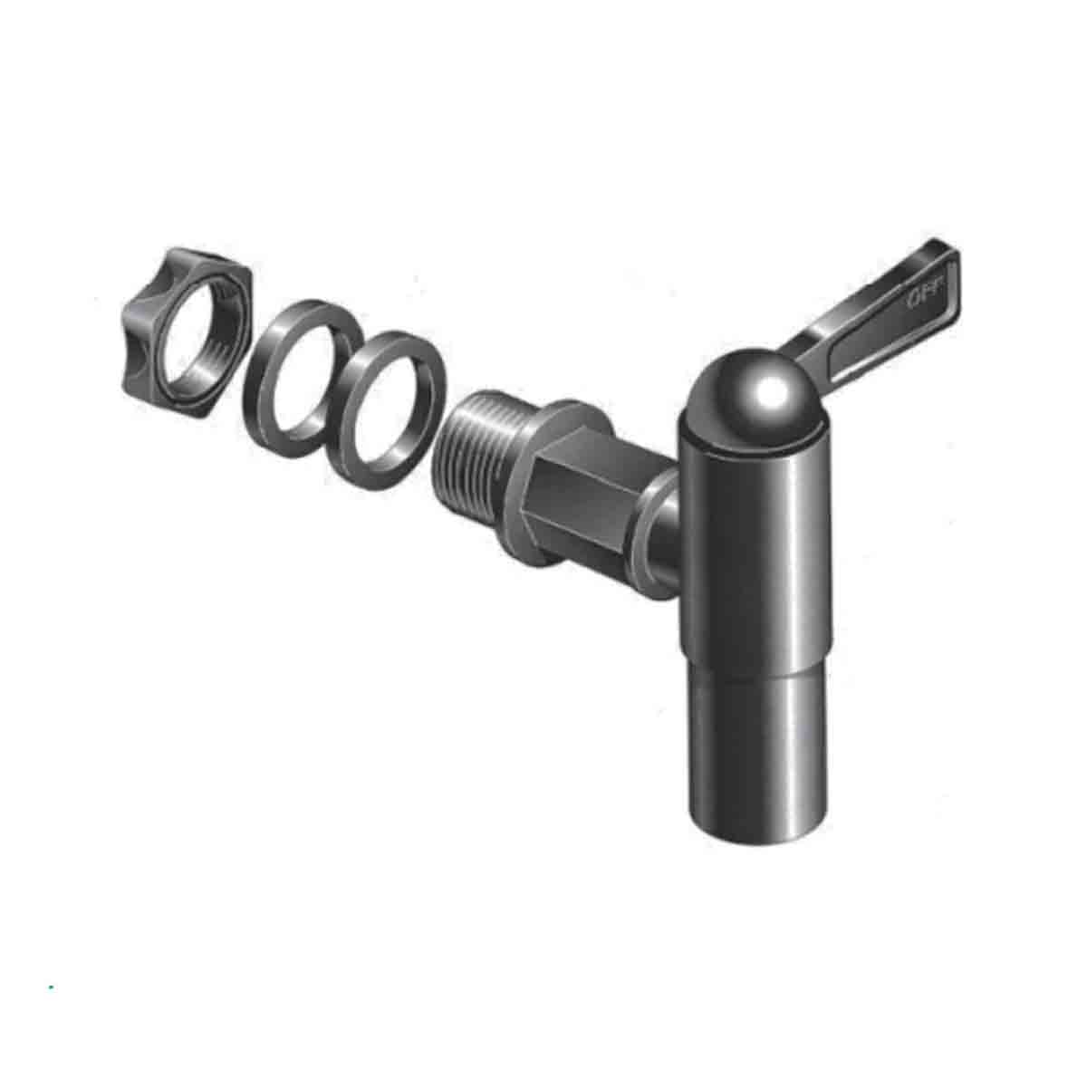 Black fast flow water butt tap made of durable plastic, featuring a lever handle, threaded connector, and several rubber washers for sealing.