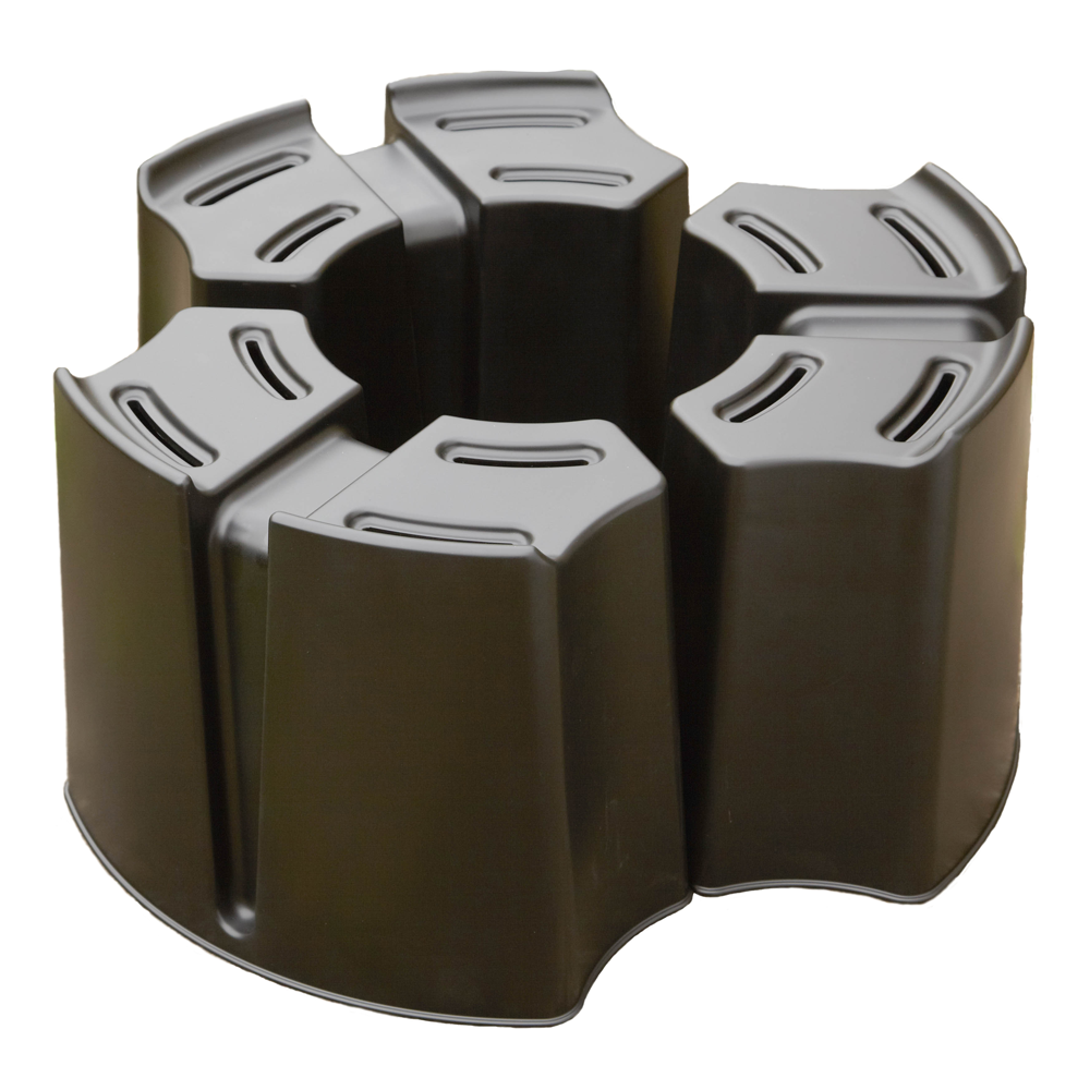 Multi-piece black water butt stand made of durable plastic, featuring a circular design with six sections and cut-out handles for easy assembly and stability.