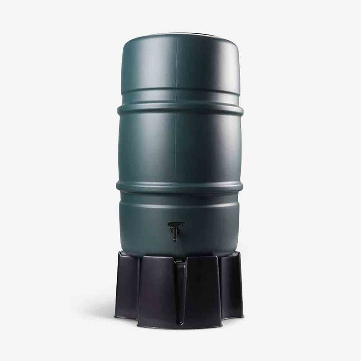 Medium green water butt made from recyclable plastic, featuring a sturdy black stand and a diverter kit, designed for collecting rainwater.