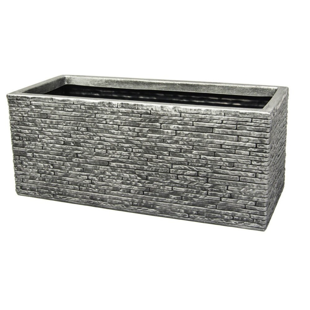 Slate pewter rectangular trough planter with a textured stone finish, featuring a deep interior for planting, crafted from durable material for outdoor use.