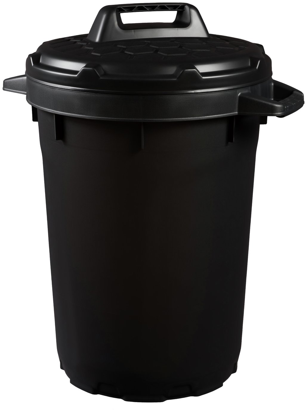 Heavy-duty 90L garden waste bin in black, made of durable plastic, featuring a secure lid and sturdy handles for easy transport.