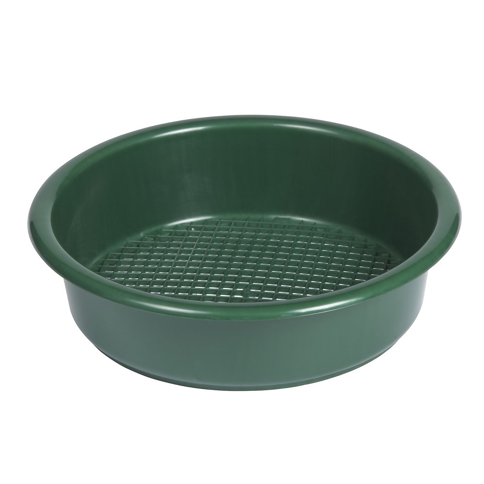 Round, green plastic garden sieve with a flat base and a grid pattern on the bottom for sifting soil or compost.