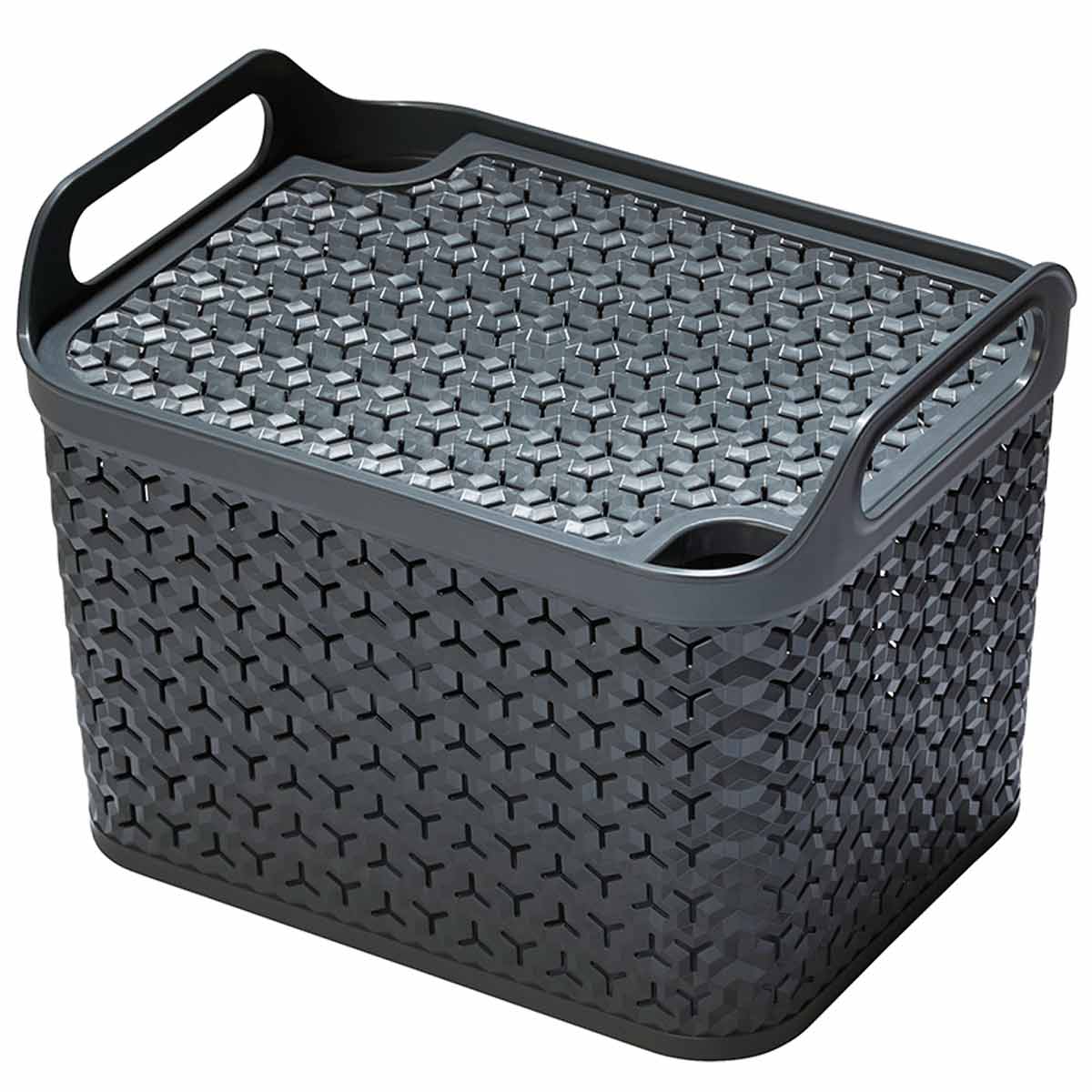 Charcoal grey medium basket with a textured design, featuring a lid and integrated handles for easy carrying, made from durable plastic material.