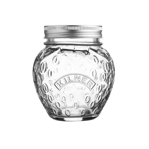 Clear glass Kilner strawberry preserve jar with a textured surface, featuring a silver metal lid, holds 13.5 oz, ideal for canning and preserving.