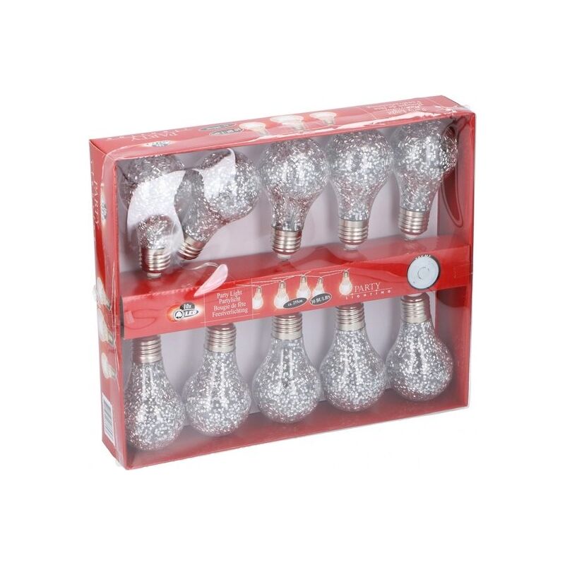 Silver LED Christmas party lights in a clear plastic packaging, featuring 10 glittery bulb designs, each with a metallic base, measuring 225 cm in total length.