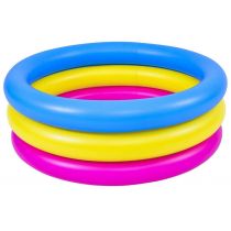 Three colorful inflatable rings in blue, yellow, and pink, designed for children's play, featuring a smooth, durable material suitable for water activities.