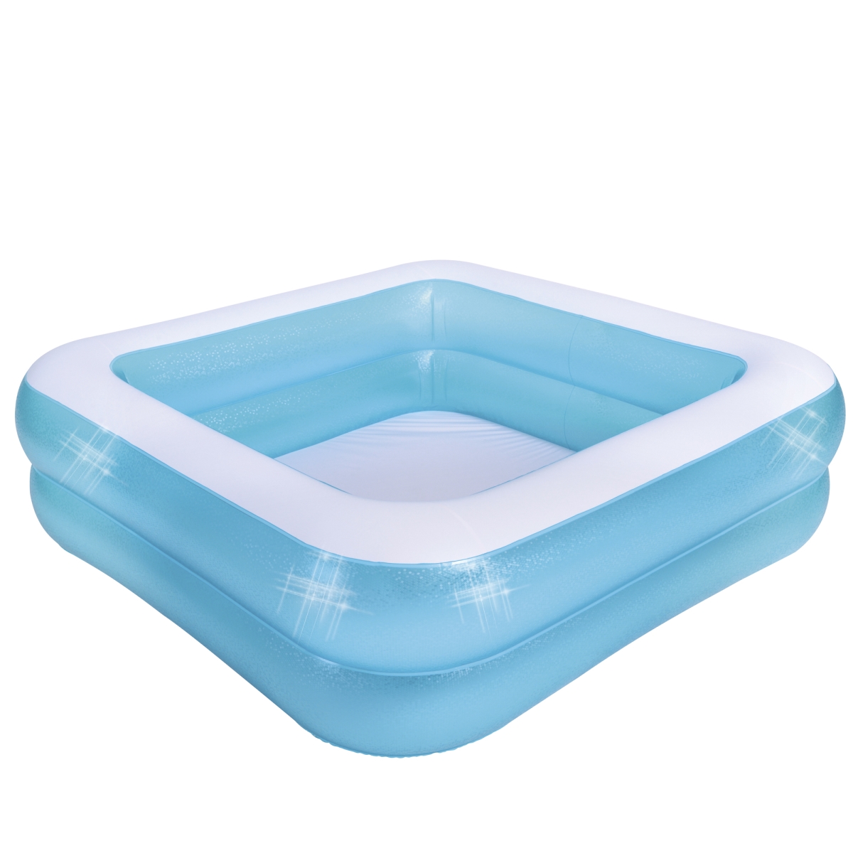 Inflatable square swimming pool featuring blue and white colors, made from durable vinyl, measuring 4.75 feet with two rings for added stability.