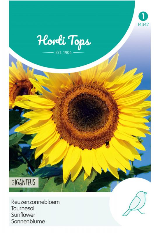 Bright yellow sunflower seeds package featuring a large sunflower with a brown center, labeled "Horti Tops" in white text, with additional details in multiple languages at the bottom.