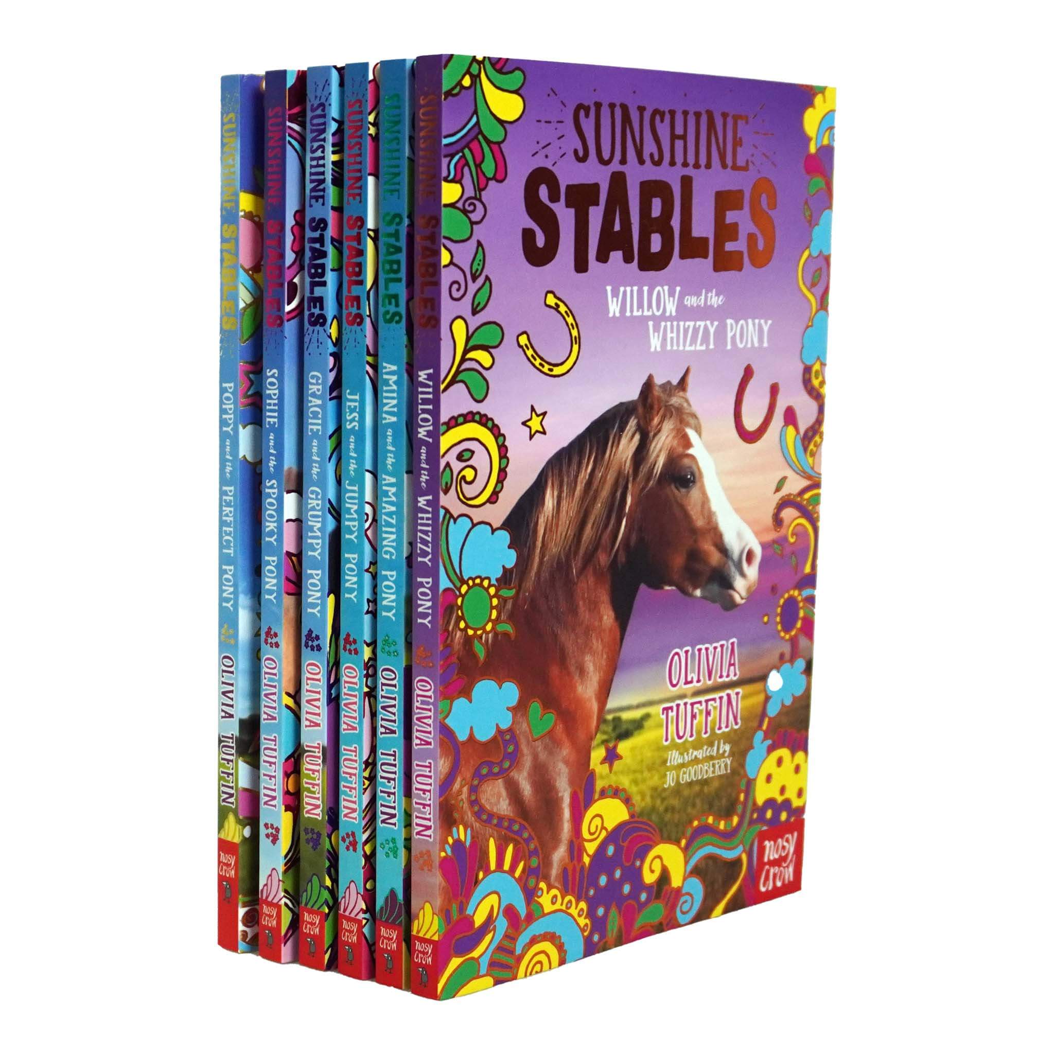 Colorful book set featuring six titles from the "Sunshine Stables" series by Olivia Tuffin, with vibrant covers adorned with illustrations of ponies and floral designs.