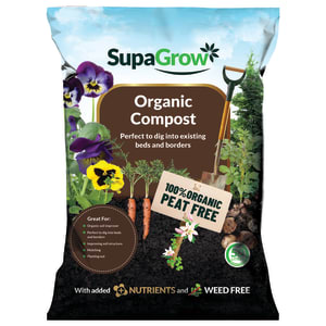 SupaGrow Organic Garden Compost in a 50L bag, featuring a vibrant design with flowers, earthy tones, and text highlighting it's 100% organic and peat-free.