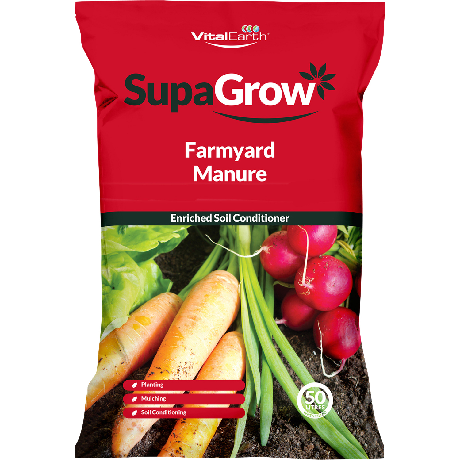 Red bag of SupaGrow Farmyard Manure, 50L, featuring a graphic of carrots and radishes, labeled as "Enriched Soil Conditioner" with planting and mulching instructions.