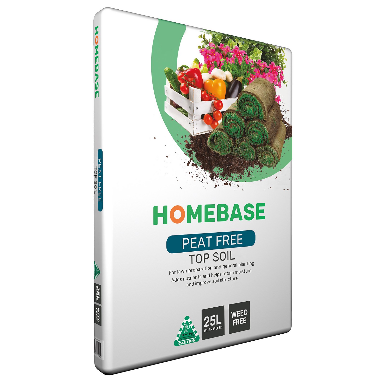 Homebase Top Soil by SupaGrow in a 25L bag, featuring a green and white design, highlights peat-free, weed-free, and nutrient-rich benefits for gardening and lawn preparation.