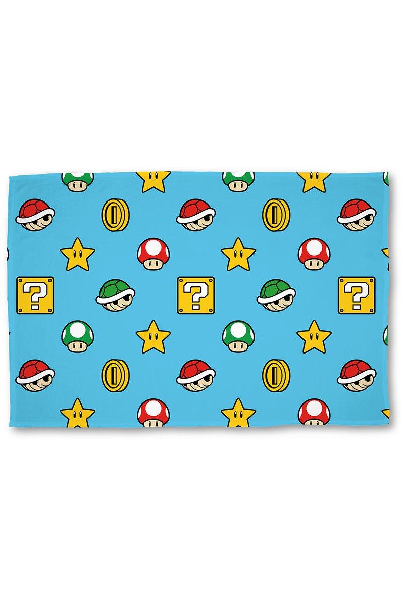 Soft fleece blanket featuring a vibrant blue background adorned with iconic Super Mario elements like mushrooms, stars, and coins in red, green, and yellow.
