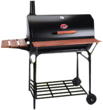 Black barrel charcoal grill with a wooden side shelf, adjustable chimney, and sturdy metal legs on wheels for mobility, featuring the Char-Griller logo.